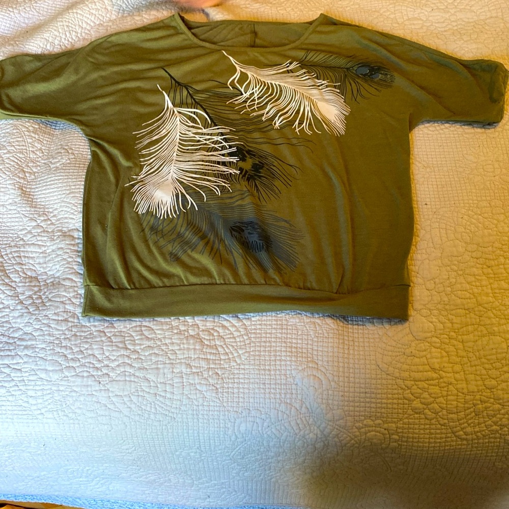 YYY elbow length sleeve olive green shirt with peacock feather print